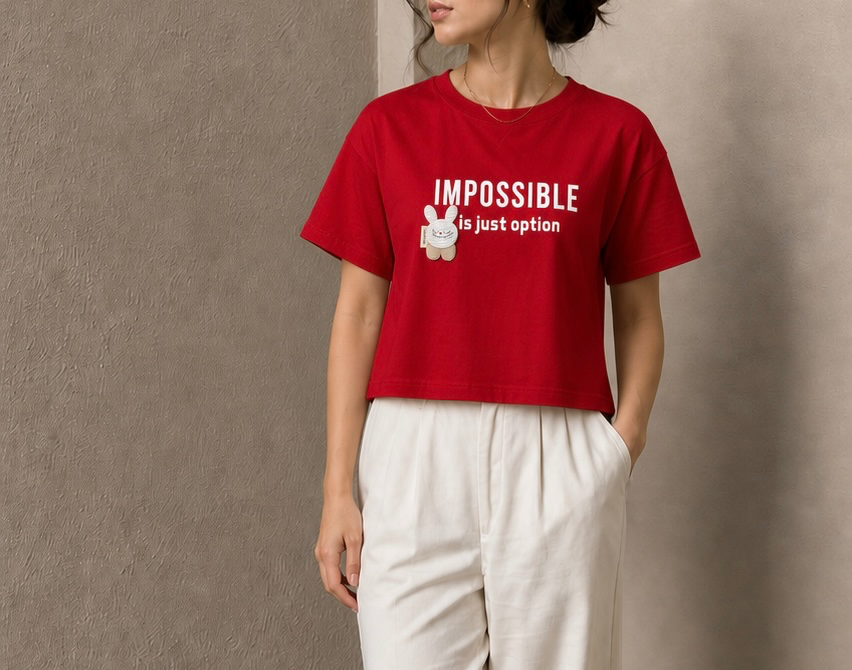 تیشرت زنانه طرح‌دار “Impossible is Just Option” با پچ خرگوش برجسته